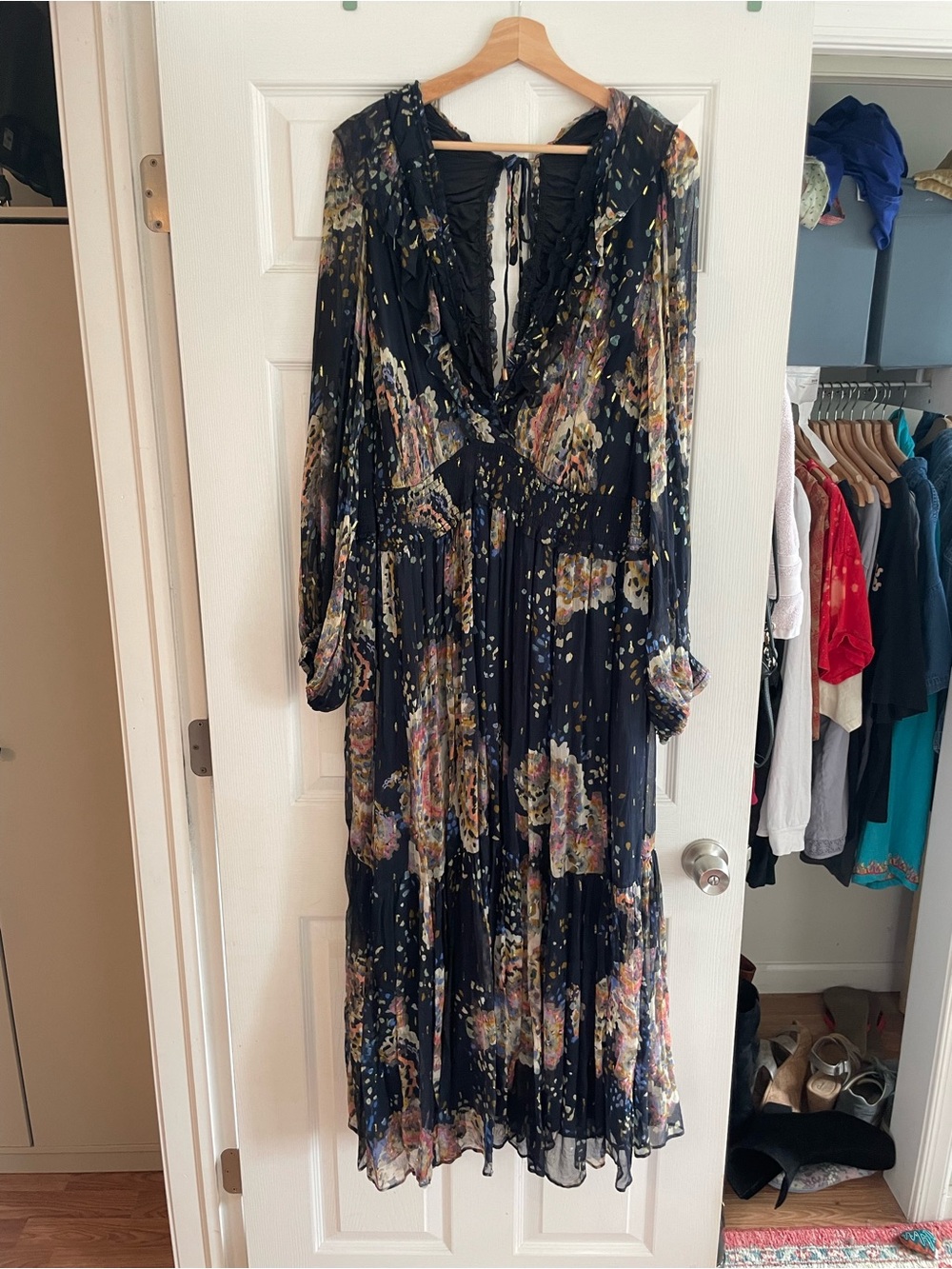 Anthropologie Black Floral Ruffle-Trim Maxi Dress